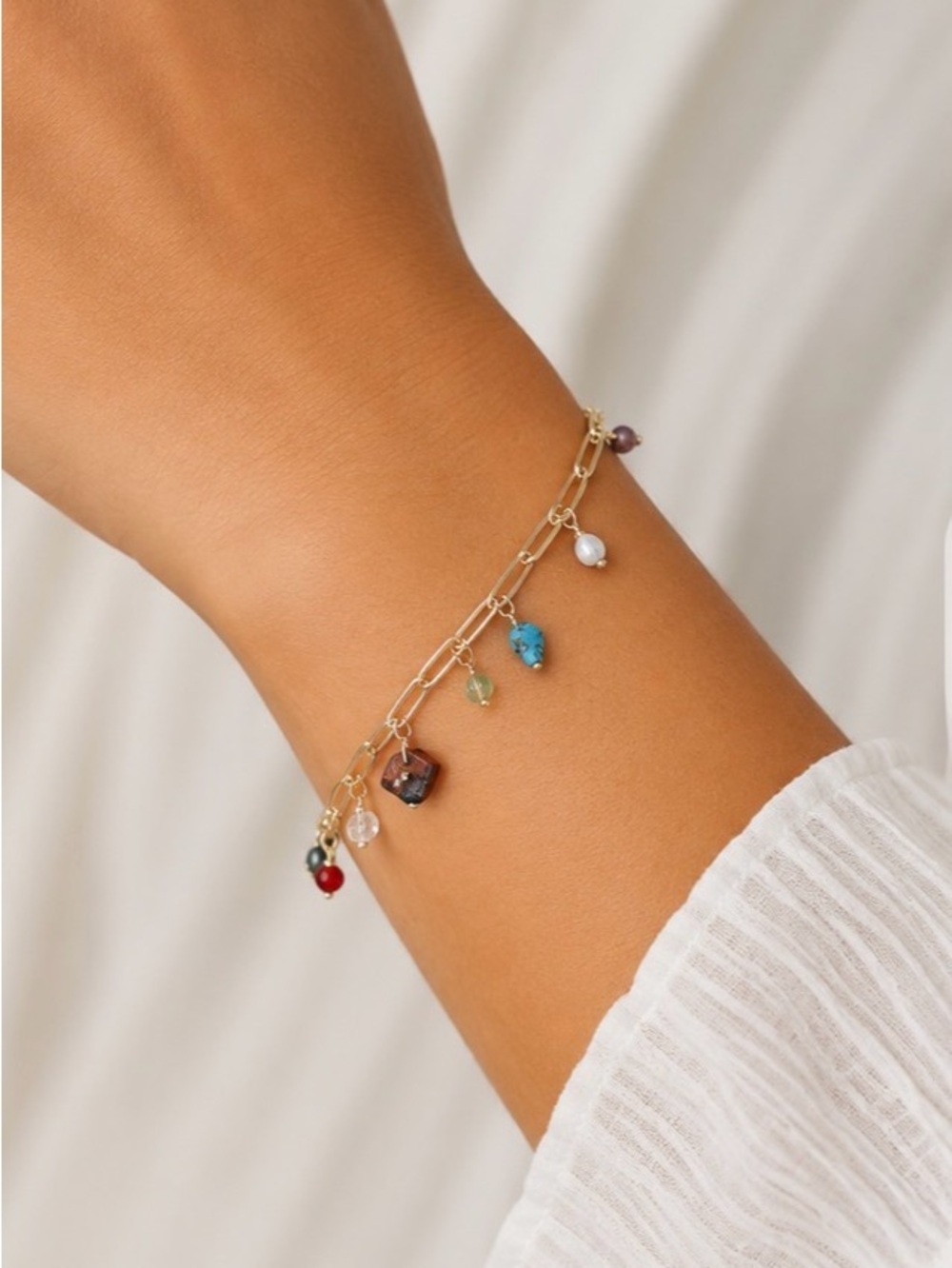 Gold Multi-Stone Charm Bracelet - Elegant Women's Jewelry. Natural Stones!